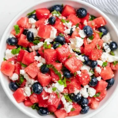 Refreshing Watermelon Feta Salad with mint and feta cheese.