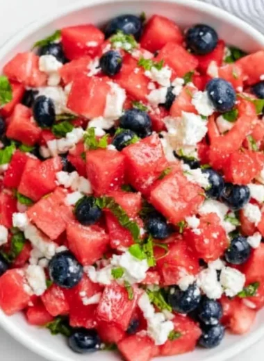 Refreshing Watermelon Feta Salad with mint and feta cheese.