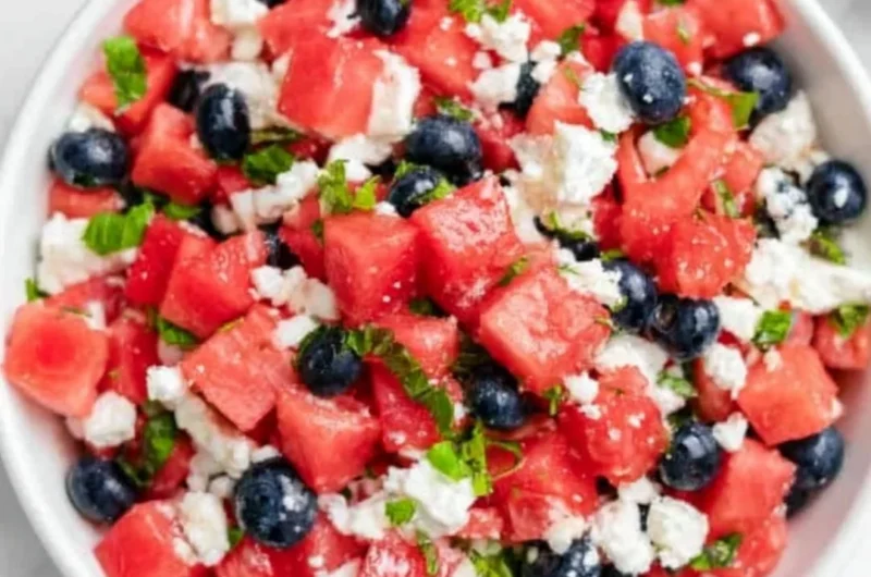 Refreshing Watermelon Feta Salad with mint and feta cheese.