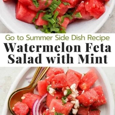 Delicious watermelon feta salad topped with fresh mint leaves