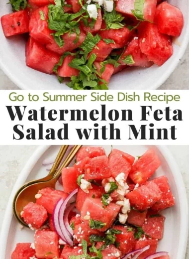 Delicious watermelon feta salad topped with fresh mint leaves
