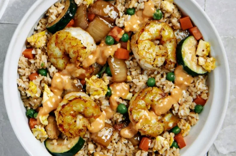Delicious Hibachi Shrimp Rice Bowl topped with fresh vegetables and savory sauce