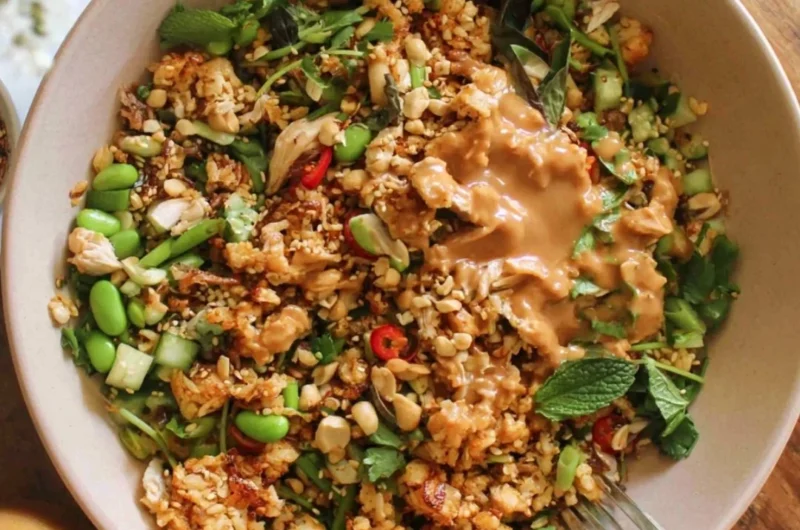Cozy satay crispy rice salad with vibrant vegetables and aromatic peanut dressing.