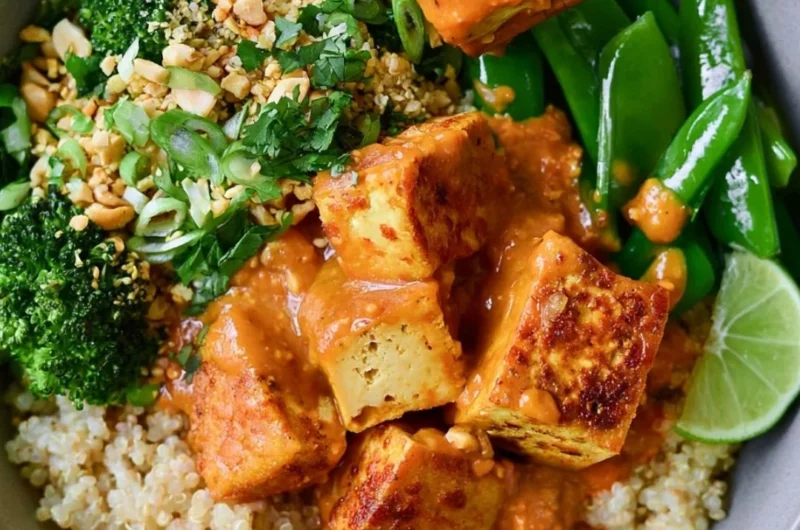 Cozy Thai Peanut Tofu Quinoa Bowl with fresh vegetables and rich peanut sauce