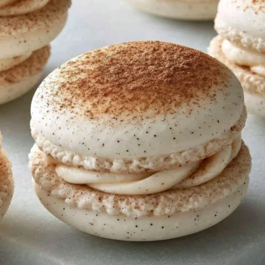 Delicious cinnamon roll macarons on a decorative plate.
