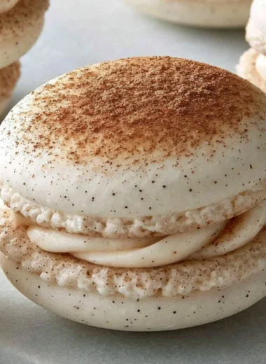 Delicious cinnamon roll macarons on a decorative plate.