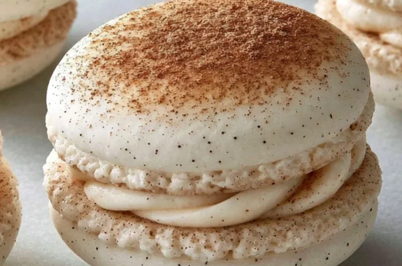Delicious cinnamon roll macarons on a decorative plate.