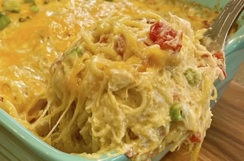 Cozy chicken spaghetti with Rotel and Velveeta in a bowl garnished with herbs