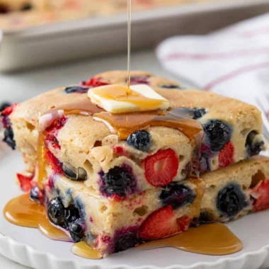 Delicious gluten free pancakes made in a sheet pan for easy serving