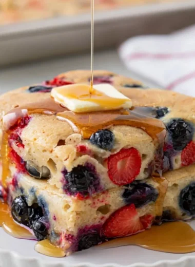 Delicious gluten free pancakes made in a sheet pan for easy serving