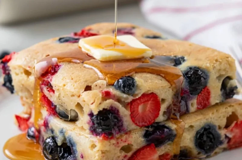 Delicious gluten free pancakes made in a sheet pan for easy serving
