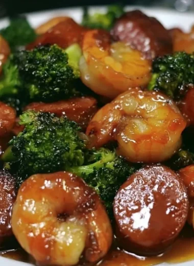 Cozy honey garlic shrimp with sausage and broccoli in a vibrant dish