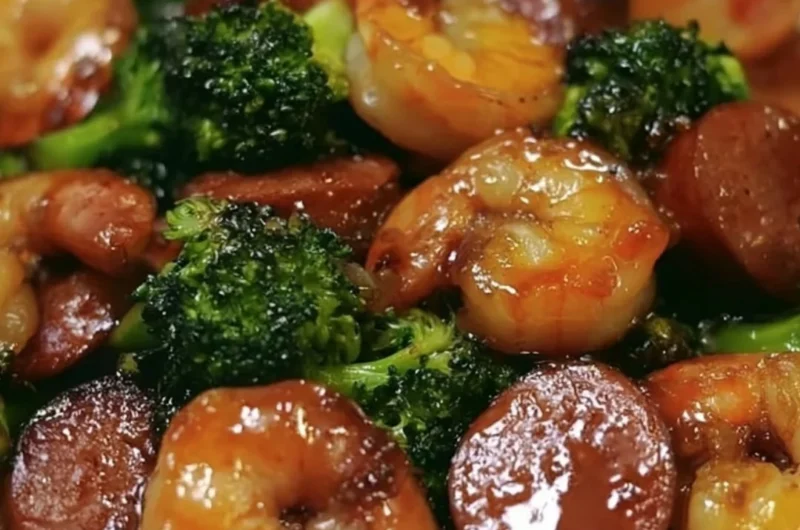 Cozy honey garlic shrimp with sausage and broccoli in a vibrant dish