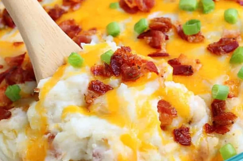 Cozy loaded baked potato casserole topped with cheese and bacon