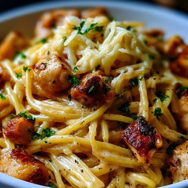 A delicious serving of Monterey Chicken Spaghetti with greenery and cheese garnish.