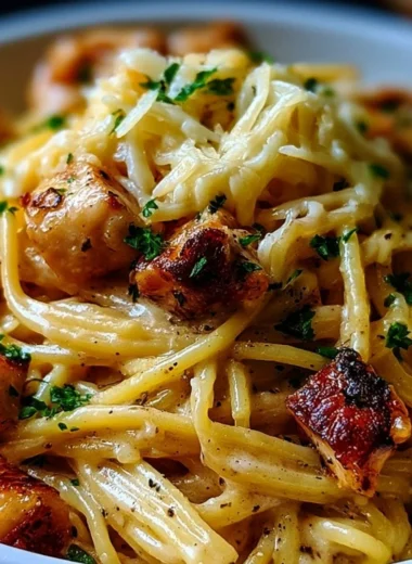 A delicious serving of Monterey Chicken Spaghetti with greenery and cheese garnish.