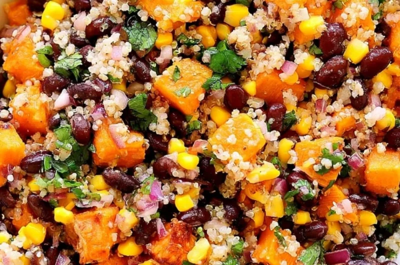 Cozy roasted sweet potato quinoa salad with colorful vegetables