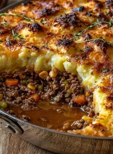 Cozy Shepherd's Pie with meat and mashed potatoes in a baking dish