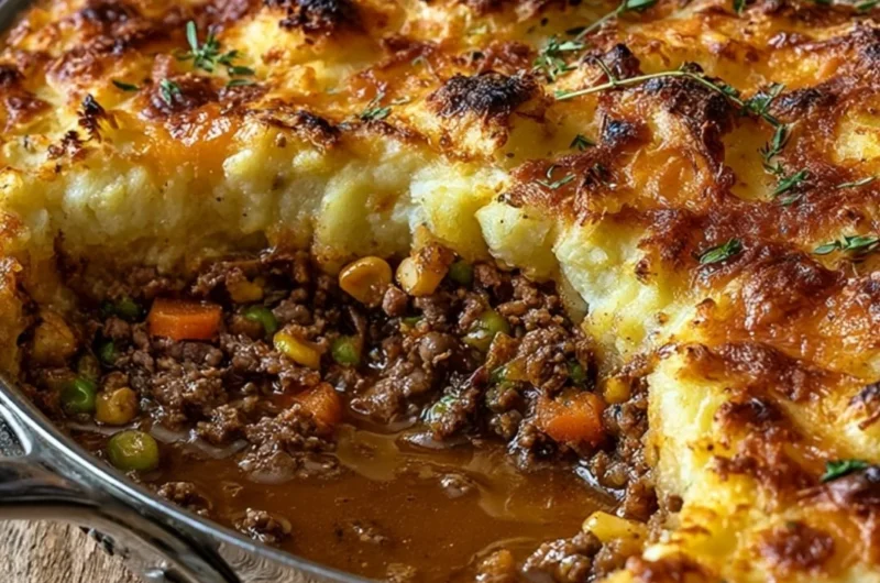 Cozy Shepherd's Pie with meat and mashed potatoes in a baking dish
