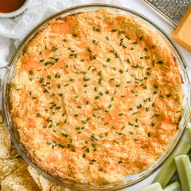 Creamy Greek yogurt buffalo chicken dip in a serving bowl