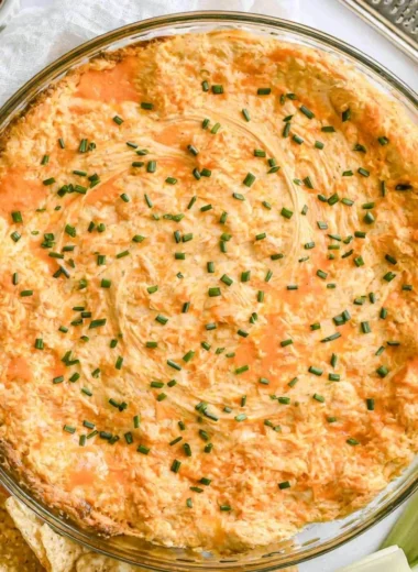 Creamy Greek yogurt buffalo chicken dip in a serving bowl