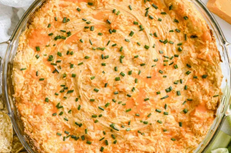 Creamy Greek yogurt buffalo chicken dip in a serving bowl