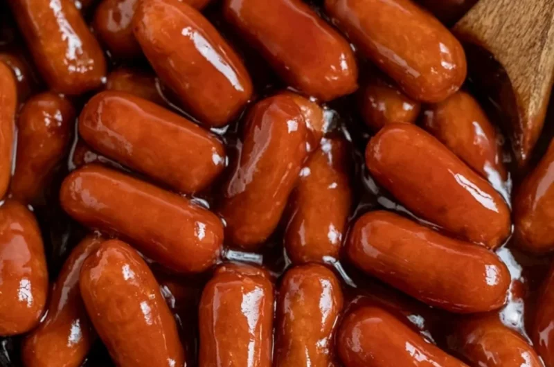 Plate of BBQ Little Smokies made in a Crockpot, garnished with parsley