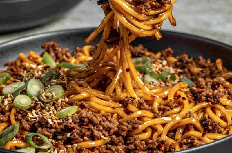 Bowl of easy Mongolian Ground Beef Noodles garnished with vegetables