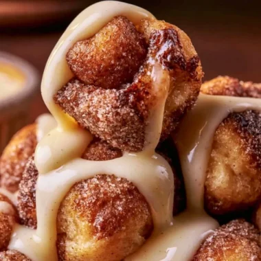 Gooey sourdough discard cinnamon roll bites topped with icing