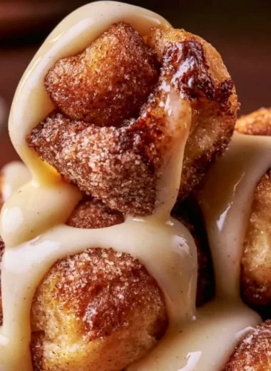 Gooey sourdough discard cinnamon roll bites topped with icing