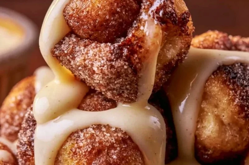 Gooey sourdough discard cinnamon roll bites topped with icing