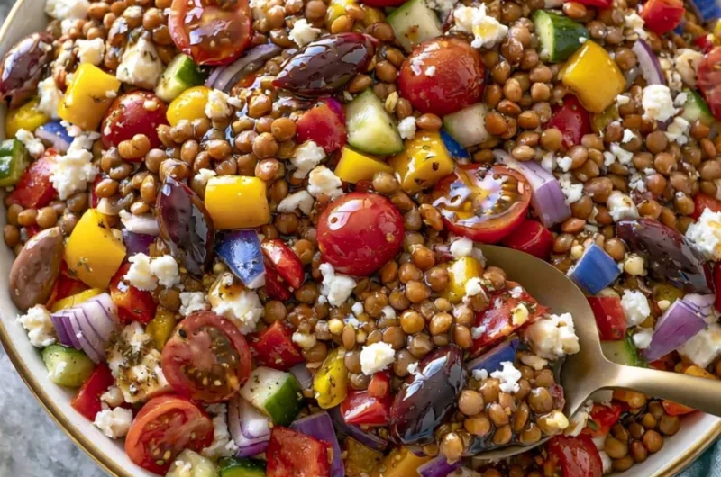 Colorful marinated lentil salad featuring fresh vegetables and herbs