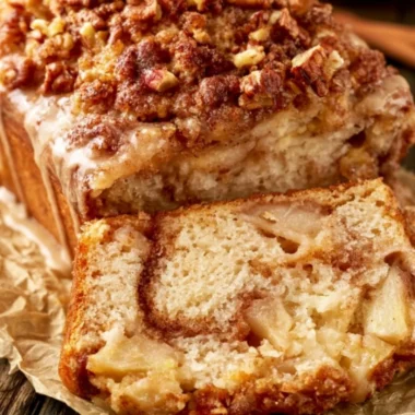 Loaf of moist and tender cinnamon apple bread with a delicious apple topping