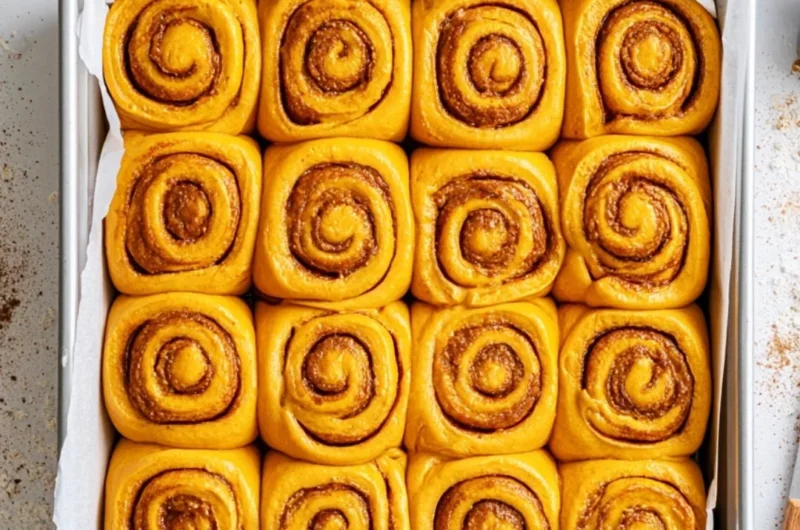 Freshly baked Pumpkin Cinnamon Rolls topped with cream cheese icing