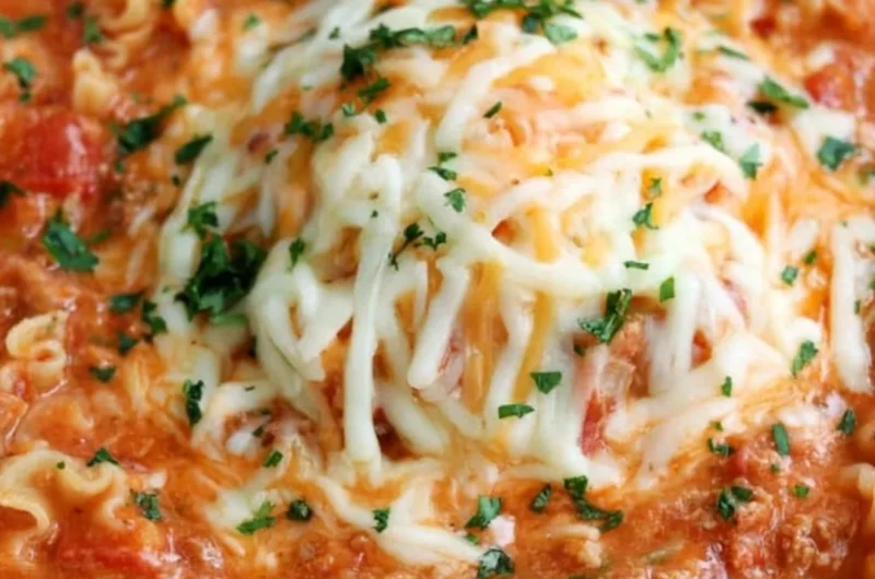 Bowl of quick lasagna soup garnished with basil and cheese