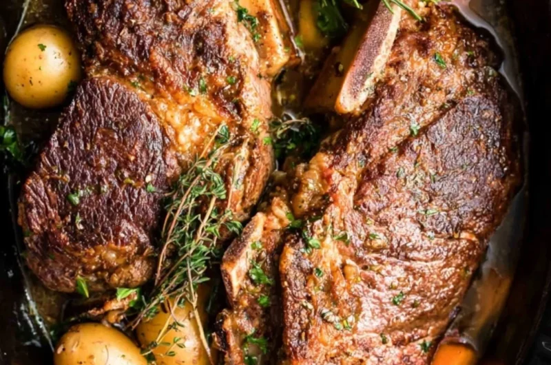 Slow cooker pork roast served with vegetables and gravy