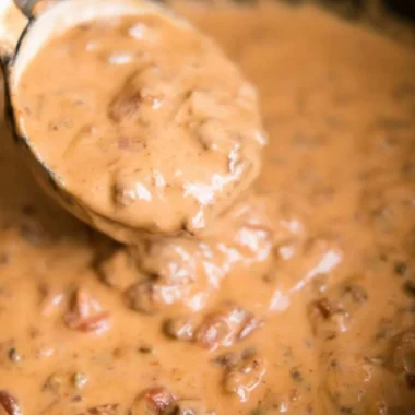 Delicious slow cooker queso dip served in a bowl with tortilla chips