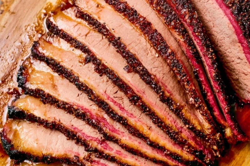 Perfectly smoked brisket on a pellet grill, showcasing juicy and flavorful meat.
