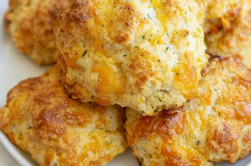 Freshly baked sourdough cheddar biscuits on a cooling rack