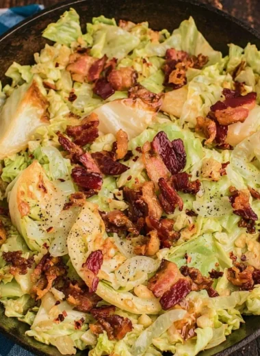 Southern Fried Cabbage with Crispy Bacon served in a skillet