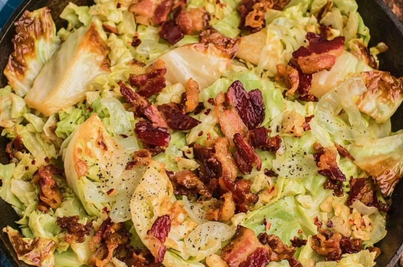 Southern Fried Cabbage with Crispy Bacon served in a skillet