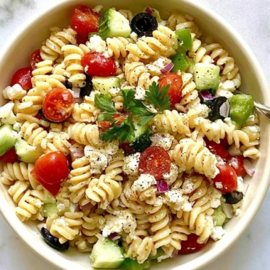 Colorful pasta salad with Italian dressing, vegetables, and fresh herbs.