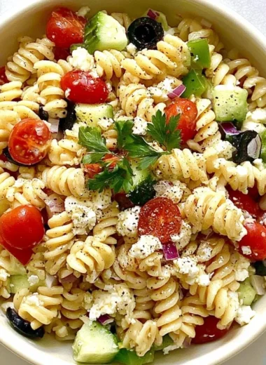 Colorful pasta salad with Italian dressing, vegetables, and fresh herbs.