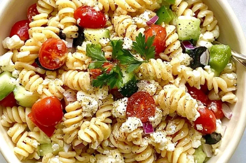 Colorful pasta salad with Italian dressing, vegetables, and fresh herbs.