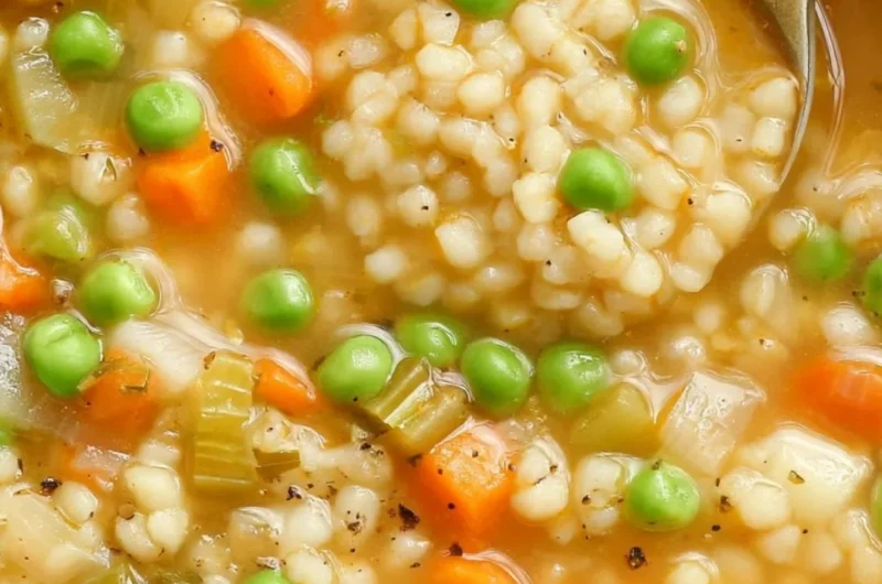 Bowl of hearty veggie barley soup with fresh vegetables and barley grains