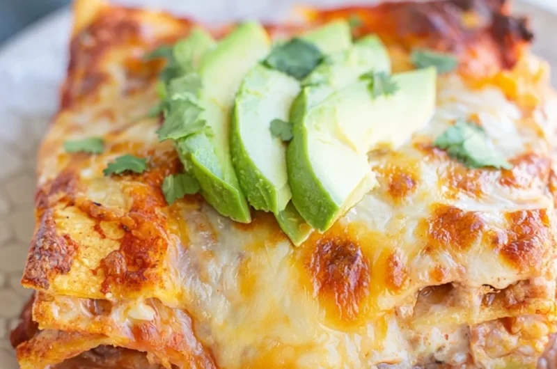 Cozy Bean and Cheese Enchilada Casserole served in a baking dish