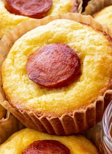 Delicious Keto Corn Dog Muffins on a wooden table, perfect for low-carb diets.