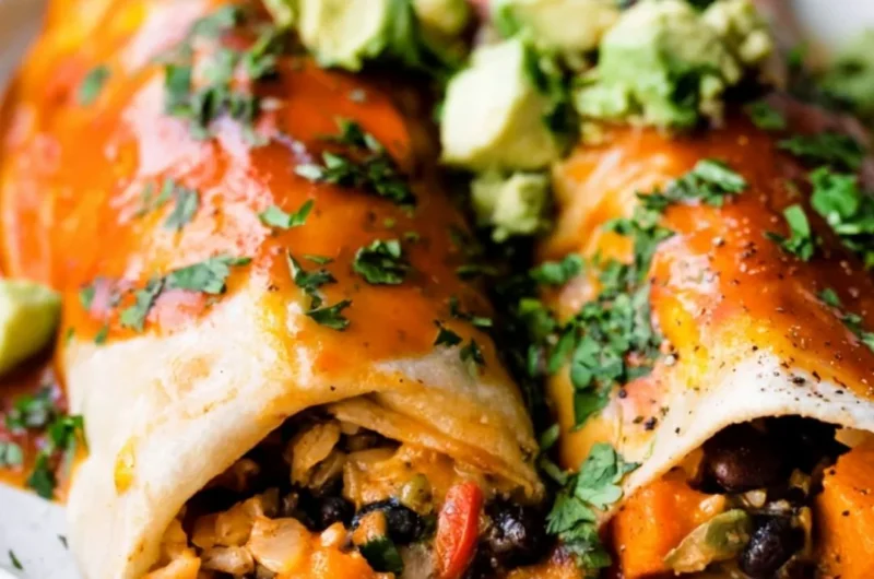Delicious cozy vegetarian enchiladas topped with cheese and fresh herbs