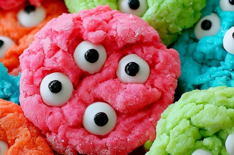 Gooey monster cookies filled with chocolate chips and colorful candies