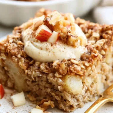 Apple Baked Oatmeal with Cinnamon served in a bowl, garnished with fresh apples.